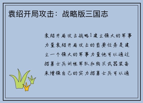 袁绍开局攻击：战略版三国志